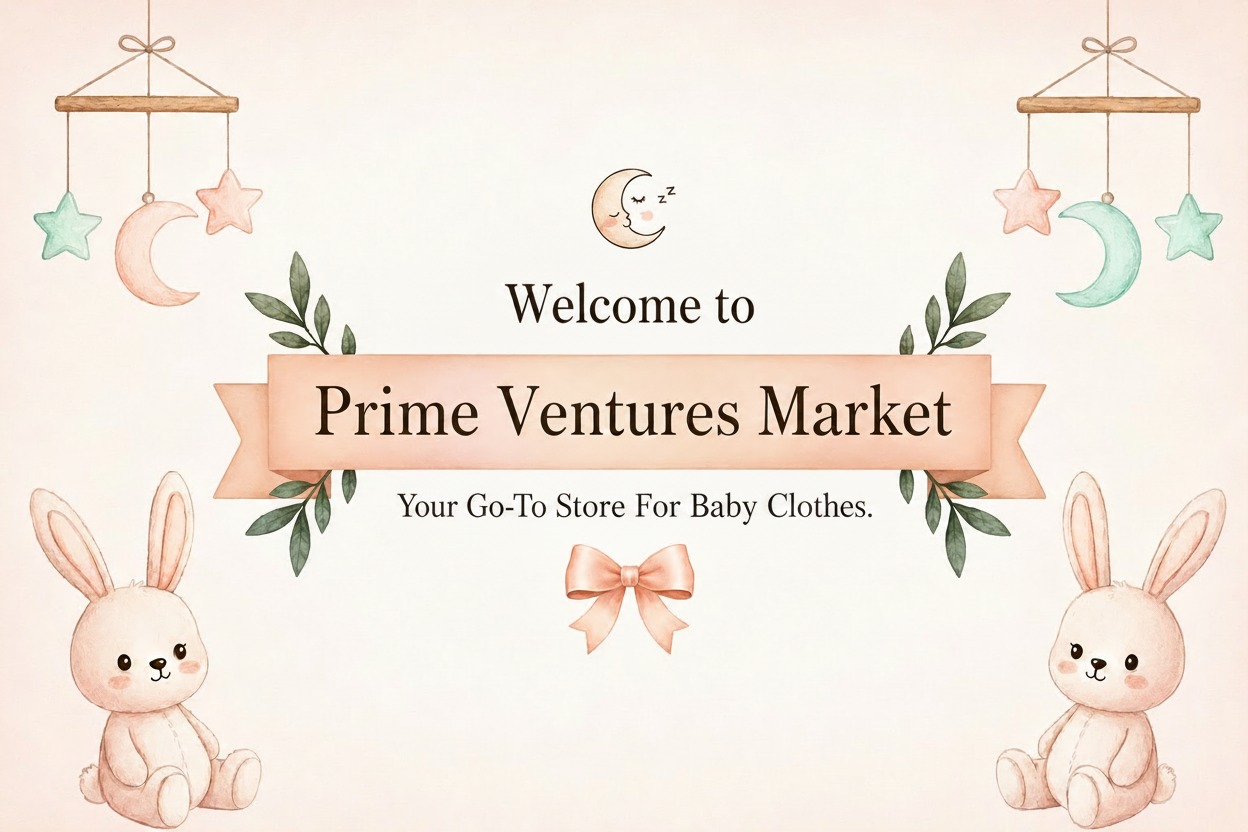 Welcome banner to Prime Ventures Market with cartoon bunnies and decorative elements on a light pink background.