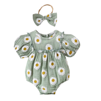 Daisy Whispers – Baby Girl Bubble Sleeve Lace Romper