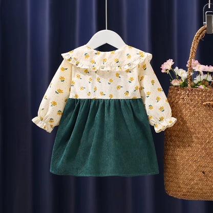 Autumn Blossom – Newborn Baby Girl Long Sleeve Princess Dress with Floral Lapel Design
